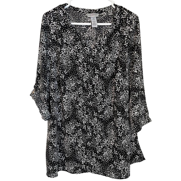 Catherines Tops - Catherines Size 0X (14/16W) Black White Print Roll Tab Sleeve Pintuck Blouse